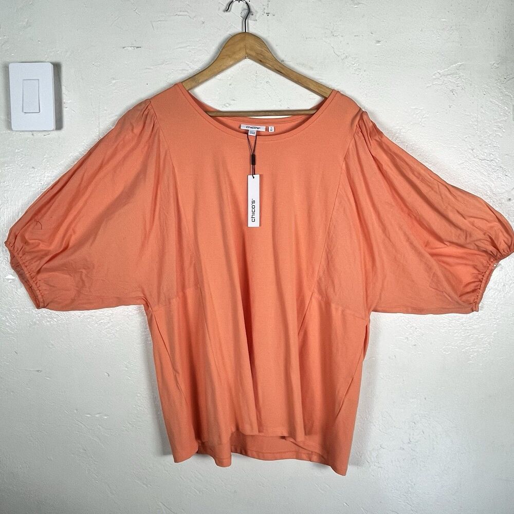 Chico’s Orange Coral Top Women’s XXL 4 Flowy Dolman Batwing Puff Sleeve New - Picture 2 of 13